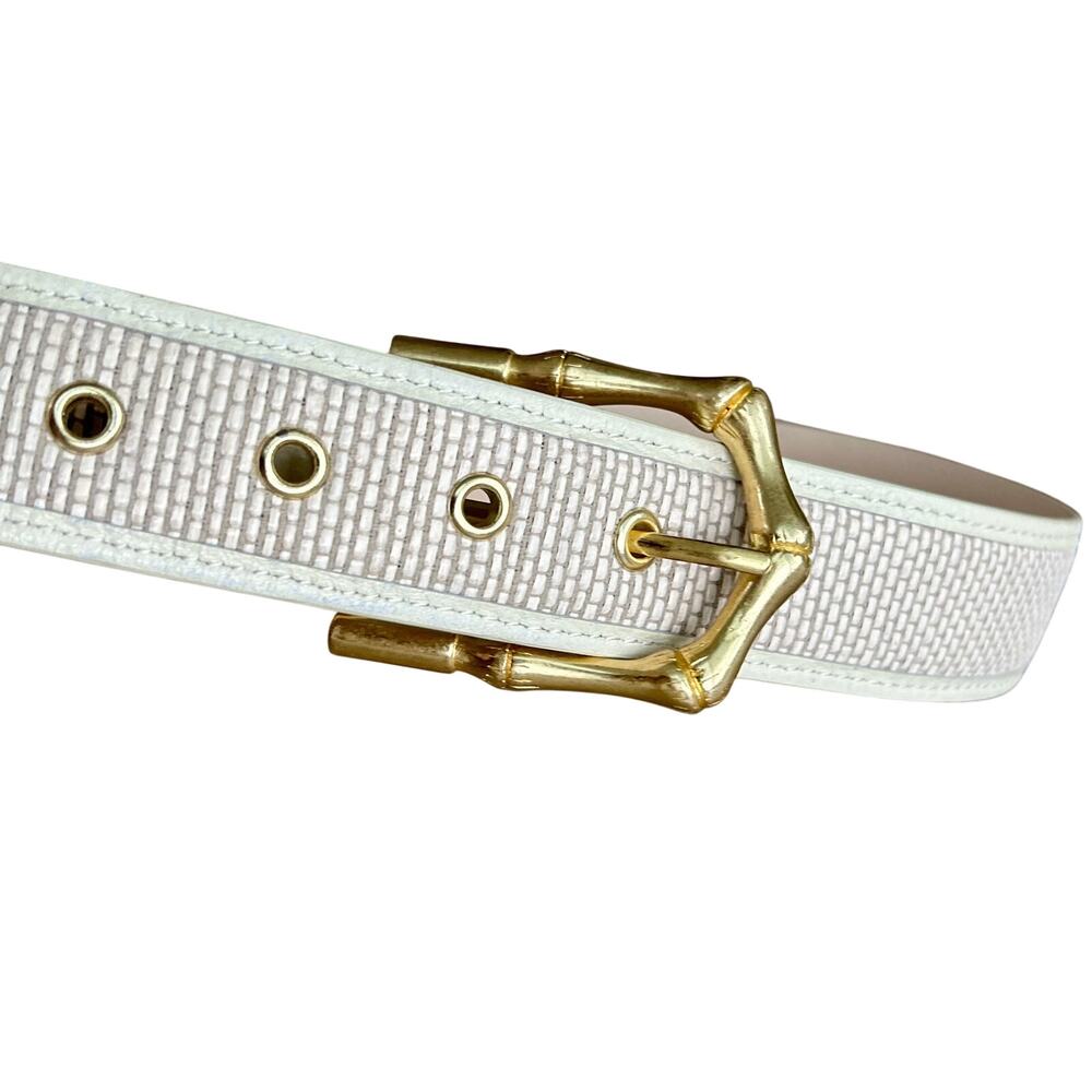 J.McLaughlin Jayla Grasscloth White Leather Raffia Belt Gold Bamboo Buckle M - Picture 4 of 15